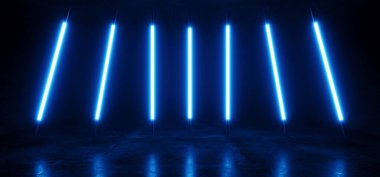 Neon Bilim Kurgu Fonu Fütürist Mavi Flüoresan Mavi Metro Işıkları Parlayan Siber Tünel Koridoru Grunge Parlak Beton Beton Beton Salon Stüdyosu Lazer Gösterici Lazer Karanlık Arkaplan 3D Görüntü