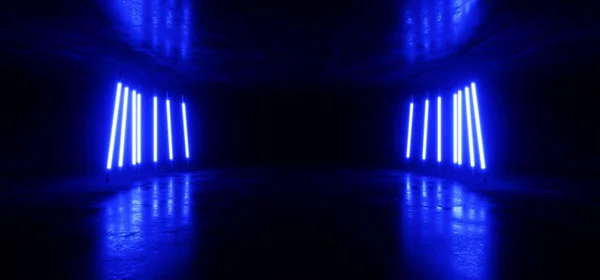 Neon Sci Fi Futuristic Neon Fluorescent Blue White Tube Lights Glowing Cyber Tunnel Corridor Grunge Glossy Concrete Cement Room Studio Showcase Laser Electric Dark Background 3D Rendering Illustration