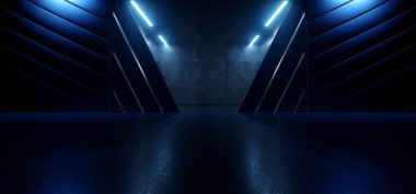 Neon Led Lazer Elektrikli Parlak Bilim Kurgu Fütüristik Hangar Tüneli Yeraltı Beton Beton Gerçekçi Uzaylı Uzay Arkaplanı 3D Çizim Resimleri