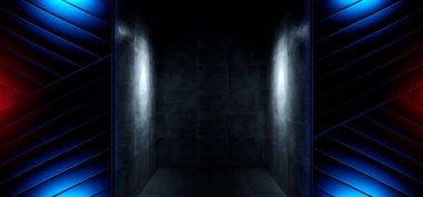 Neon Led Laser Kırmızı Mor Mor Parlak Bilim Kurgu Fütüristik Hangar Koridoru Yeraltı Beton Beton Gerçekçi Uzaylı Uzay Arkaplanı 3D Resim Çizimi