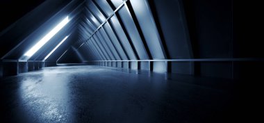 Bilim Kurgu Geleceği Üçgeni Boş Beton Çimento Modern Mavi Işık Önlü Koridor Koridoru Siber Uzaylı Uzay Gemisi Karanlık 3D Çizim Çizimi