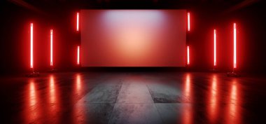 Neon Red Orange Sahne Sahnesi Sahnesi Beton Döşeme Büyük Beyaz Billboard Uçağı Boş Vibrant Uzay Gemisi Geleceği Gösterici Şov Kulübü Gösterisi Kara Sanal Sanal Sanal Sanal Sanal Çizim