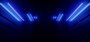 Neon Led Tüp Hatları Lazer Mavi Parlak Bilim Kurgu Fütüristik Hangar Koridoru Yeraltı Gerçekçi Uzaylı Uzay Gemisi Arkaplanı 3D Çizim Çizimi