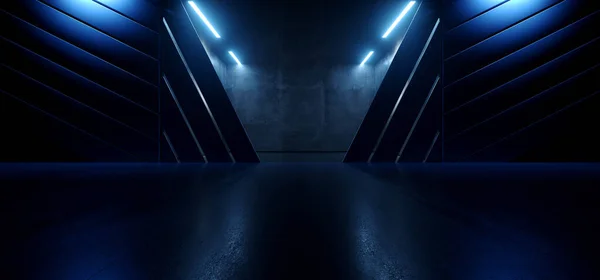 Neon Led Laser Electric Blue Glowing Sci Fi Futuristic Hangar Tunnel Corridor Underground Cement Concrete Realistic Cyber Alien Spaceship Background 3D Rendering Illustration