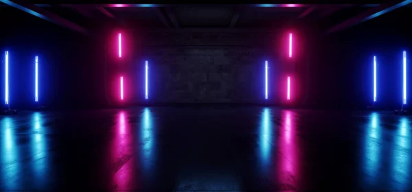 Neon Purple Blue Fluorescent Stage Showroom Scene Concrete Floor Hangar — Φωτογραφία Αρχείου