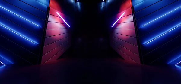 Neon Led Laser Electric Red Purple Blue Glowing Sci Fi Futuristic Hangar Tunnel Corridor Underground Cement Concrete Realistic Cyber Alien Spaceship Background 3D Rendering Illustration