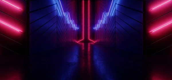 Neon Led激光红紫蓝发光体Sci Fi未来悬架隧道走廊地下水泥混凝土现实网络异形宇宙飞船背景3D渲染说明 — 图库照片