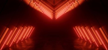 Siber Üçgen Neon Lazer Parlayan Karanlık Bilim Kurgu Fütüristik Kırmızı Turuncu Işık Öncü Tünel Çimento Beton Uzay Gemisi Yeraltı Arkaplanı 3D Resim Hazırlama