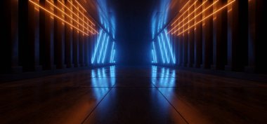 Beton Beton Beton Seri Kurgu Gelecekçi Siber Neon Elektrikli Lazer Işıklar Parlayan Turuncu Mavi Tünel Koridoru Sütunları Karanlık Arkaplan Uzay Gemisi Yeraltı 3D Çizim Resimleri