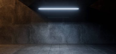 Çimento Betonunda Parlayan Modern Yeraltı Gerçekçi Aydınlatma Karanlık Oda Otopark Otoparkı Gösterim Odası Zemin Döşeme Arkaplanı 3D Resim