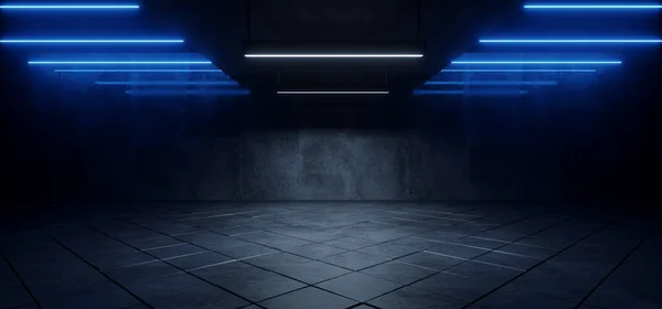 Sci Fi Futuristic Neon Blue Lasers Glowing Modern Simple Underground Realistic Light Glowing On Cement Concrete Dark Room Hangar Parking Car Showroom Tiled Floor Background 3D Rendering Illustration