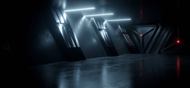 Bilimkurgu Neon Parlak Mavi Uzaylı Öncü Uzaylı Tüneli Yeraltı Beton Metal Parlak elementler Gerçekçi Siber Arka plan Gösterim Odası Otoparkı Üçgen Kapılar 3B Resim Hangarı