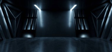 Bilimkurgu Neon Parlak Mavi Uzaylı Öncü Uzaylı Tüneli Yeraltı Beton Metal Parlak elementler Gerçekçi Siber Arka plan Gösterim Odası Otoparkı Üçgen Kapılar 3B Resim Hangarı