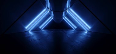 Siber Üçgen Neon Lazer Parlayan Karanlık Bilim Kurgu Fütüristik Mavi Işıklar Öncü Tünel Çimento Beton Uzay Gemisi Yeraltı Arkaplanı 3D Resim Hazırlama