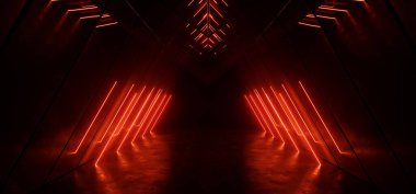 Siber Üçgen Neon Lazer Parlayan Karanlık Bilim Kurgu Fütüristik Kırmızı Turuncu Işık Öncü Tünel Çimento Beton Uzay Gemisi Yeraltı Arkaplanı 3D Resim Hazırlama