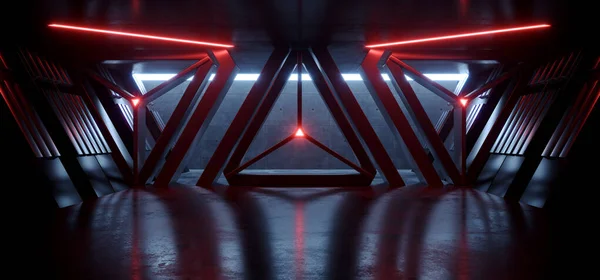 Cyber Neon Orange Red Blue Lights Glowing  Cement Concrete Hallway Tunnel Triangle Metal Structures Doors Vibrant Sci Fi Futuristic Underground Warehouse Hangar 3D Rendering Illustration