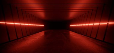 Neon Elektrikli Lazerler Kırmızı Parlayan Bilim Kurgu Fütüristik Karanlık Beton Asfalt Koridor Koridoru Garaj Hangarı Yeraltı Gerçekçi 3D Çizim Resimleri