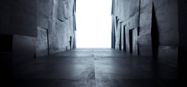 Beton Depo Yeraltı Tüneli Koridoru Grunge Uzay Gemisi Hangar Salonu Bilim Kurgu Modern Arka plan Boş Parlak Çimento 3D Resim