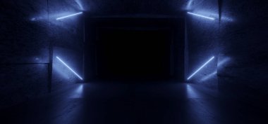 Mavi Bilim Kurgu Neon Parlayan Modern Fütüristik Lazer Elektrikli Sanal Işıklar Tünel Beton Beton Koridor Karanlık Uzay Gemisi Asfalt 3D Çizim