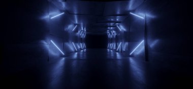Mavi Bilim Kurgu Neon Parlayan Modern Fütüristik Lazer Elektrikli Sanal Işıklar Tünel Beton Beton Koridor Karanlık Uzay Gemisi Asfalt 3D Çizim