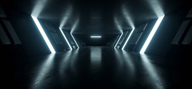 Fütürist Modern Bilim Kurgu Koridoru Uzay Gemisi Uzaylı Yeraltı Parlak Led Mavi Beton Döşeme Parlak Metal Sanal Showroom 3D Resim Hazırlama