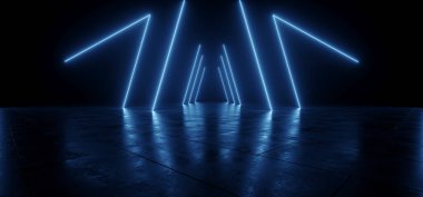 Neon Mavi Üçgeni Parlayan Lazer Işıkları Uzaylı Uzay Gemisi Hangarı Çimento Beton Döşeme Parlatıcısı Siber 3D Resim Hazırlama