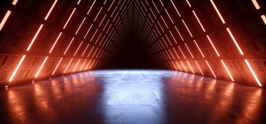 Üçgen Uzaylı Uzay Gemisi Tron Kırmızı Turuncu Mavi Parlak Tünel Koridoru Fütürist Karanlık Stüdyo Depo Beton Parlak Yeraltı Koridoru Arkaplan 3D