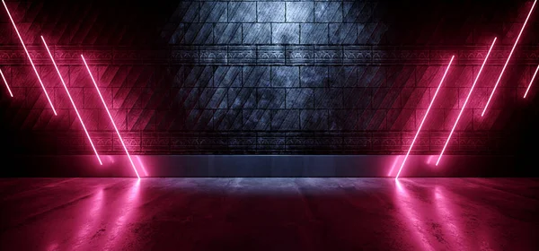Neon Sci Fi Tron Siber Garaj Tüneli Mor Mavi Lazer Elektrikli Flüoresan Hatlar Taş Ortaçağ Dokulu Beton Beton Duvarlı Parlak Grunge Koyu 3D Görüntü