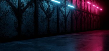 Bilimkurgu Sahnesi Neon Sahnesi Elektrikli Lazer Parlak Siber Mor Kırmızı Işıklar Kırık Grunge Odun Beton Beton Döşeme Parlak Zemin Parlak Hangar Tünel Koridoru 3D Görüntü