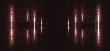 Sci Fi Eski Ahır Beton Depo Parlak Hat Işıklar Çimento Beton Asfalt Karanlık Garaj Modern Yeraltı Tüneli 3D Resim