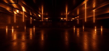 Hat şekillendirilmiş Neon Siber Parlak Turuncu Işıklar Bilim Kurgu Geleceğin Garajı Karanlık Tünel Deposu Yeraltı Beton Çimento Tüneli Koridor Koridoru 3D Çizim Çizimi