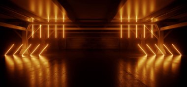Uzaylı Uzay Gemisi Neon Parlayan Portakal Işıkları Bilim Kurgu Geleceğin Garajı Karanlık Tünel Deposu Yeraltı Beton Çimento Tüneli Koridoru Koridoru 3D Resim Çizimi