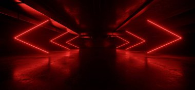 Arrow Pointer Şeklli Siber Neon Parlak Kırmızı Işıklar Bilim Kurgu Geleceğin Garajı Karanlık Tünel Deposu Yeraltı Beton Çimento Tüneli Koridoru 3D Çizim Hangarı
