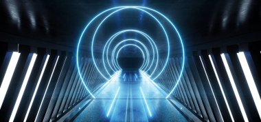 Uzaylı Uzay Gemisi Karanlık Koridor Sütunları Beton Beton Taşı Sütunlar Koridor Koridoru Yeraltı Bilim Kurgu Fotografı Fütürist Neon Çemberi Mavi Işıklar Uzay Gemisi 3D Çizim Çizimi