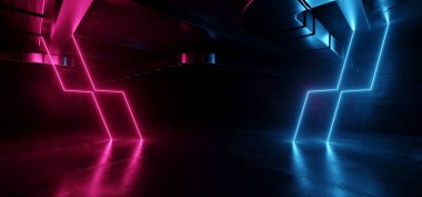 Gelecekçi Mor Lazer Bilim Kurgu Hangarı Neon Tüneli Garaj Deposu Parlak Beton Zemin Beton Asfalt Karanlık Yer Altı 3D Resim Çizimi