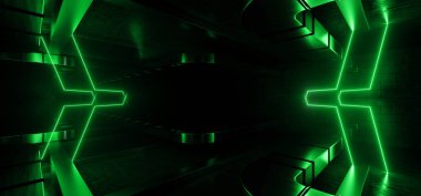 Geleceğin Yeşil Lazer Bilim Kurgu Hangarı Neon Tüneli Garaj Deposu Parlak Beton Döşeme Asfaltları Karanlık Arkaplan 3D Renklendirme