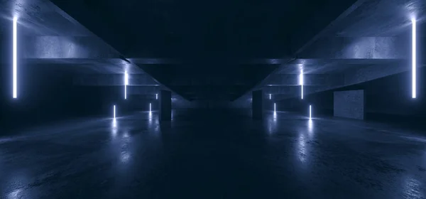 Hangar Warehouse Concrete Dark Cement Asphalt Laser Neon Glowing Blue — 스톡 사진