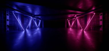 Neon Deposu Bilim Kurgu Futuristik Grunge Mor Parlak Mor Parlak Lazer Sahne Gösterim Salonu Koridoru Klübü Karanlık Tünel Gerçekçi Arkaplan Kirişleri 3D Görüntü