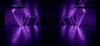 Neon Deposu Bilim Kurgu Gelecekçi Grunge Mavili Mor Eflatun Parlak Lazer Parlatıcı Lazer Sahne Gösterim Odası Klübü Karanlık Tünel Gerçekçi Arkaplan Kirişleri 3D Görüntü