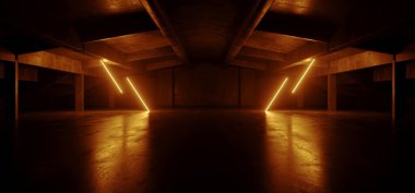 Neon Deposu Bilim Kurgu Futuristik Grunge Turuncu Parlak Lazerli Beton Salon Hangar Gösteri Salonu Klübü Karanlık Tünel Gerçekçi Arkaplan Kirişleri 3D Görüntü