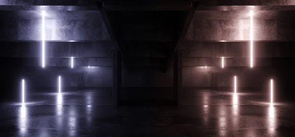 Neon Izzó Elektromos Sci Futurisztikus Fények Gerendák Beton Aszfalton Hangár — Stock Fotó