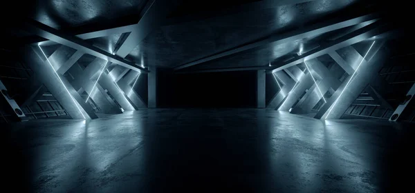 Neon Warehouse Sci Futurystyczny Laser Biały Niebieski Świecący Wibrujący Elektryczny — Zdjęcie stockowe