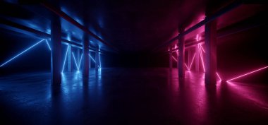 Lazer Neon Mor Mor Fütüristik Retro Siber Bilim Bıçağı Beton Garaj Hangarı Asfalt Karanlık Modern Işıklar Klübü Sahne 3D Resim