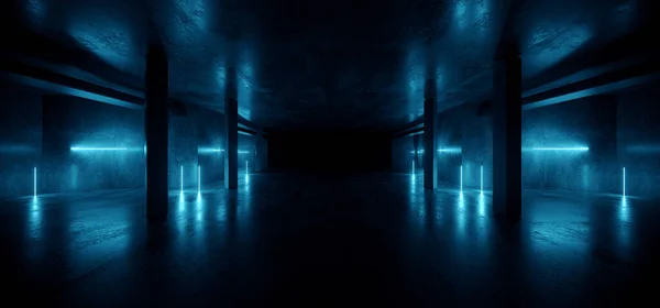 ネオンサイエンスFi未来型レーザー倉庫ブルーホワイトコンクリートセメント光るライトショールームトンネル回廊暗い空のハンガーガレージ駐車場外国人3Dレンダリングイラスト — ストック写真