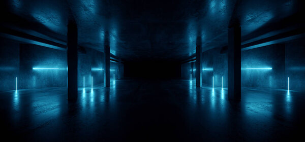 Футуристический лазерный склад Neon Sci Fi Blue White Concrete Cement Glowing Lights Showroom Tunnel Corridor Dark Empty Hangar Garage Parking Alien 3D Rendering illustration