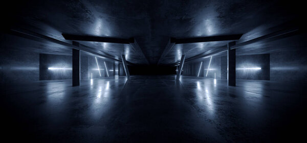 Футуристический лазерный склад Neon Sci Fi Blue White Concrete Cement Glowing Lights Showroom Tunnel Corridor Dark Empty Hangar Garage Parking Alien 3D Rendering illustration