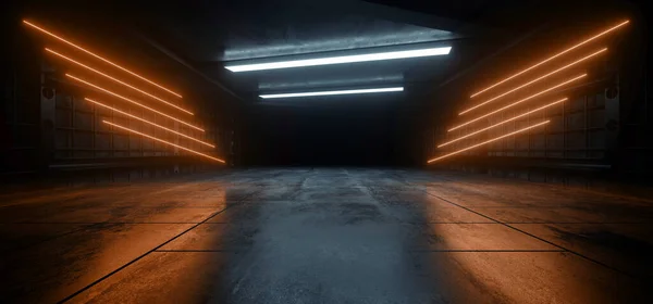 Neon Laser Orange White Vibrant Sci Futuristic Warehouse Empty Stage — 图库照片