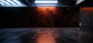Neon Işıkları Grunge Bilim Kurgu Yeraltı Otomobil Odası Asfalt Beton Tuğla Tuğla Duvarı Gerçekçi Mavi Turuncu Renkler Siber Arkaplan 3D Görüntü