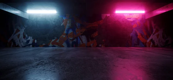 Neon Lights Grunge Graffiti Street Wall Sci Fi Yeraltı Garajı Araba Odası Çimento Beton Tuğla Tuğla Duvarı Mor Mor Renkler Siber Arka plan 3D Resim