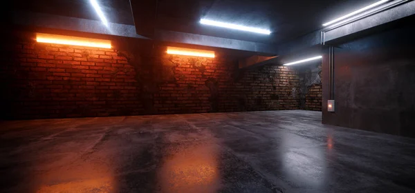 Neon Işıkları Grunge Bilim Kurgu Yeraltı Otomobil Odası Asfalt Beton Tuğla Tuğla Duvarı Gerçekçi Mavi Turuncu Renkler Siber Arkaplan 3D Görüntü